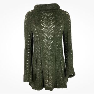 Anthropologie Sz M Open Knit Turtleneck Pullover Sweater Tunic Deep Green